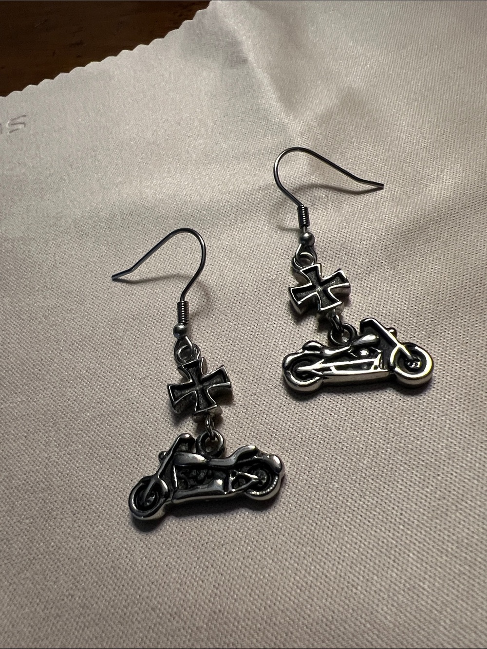 Silver Motorcycle & Cross Dangle Earrings